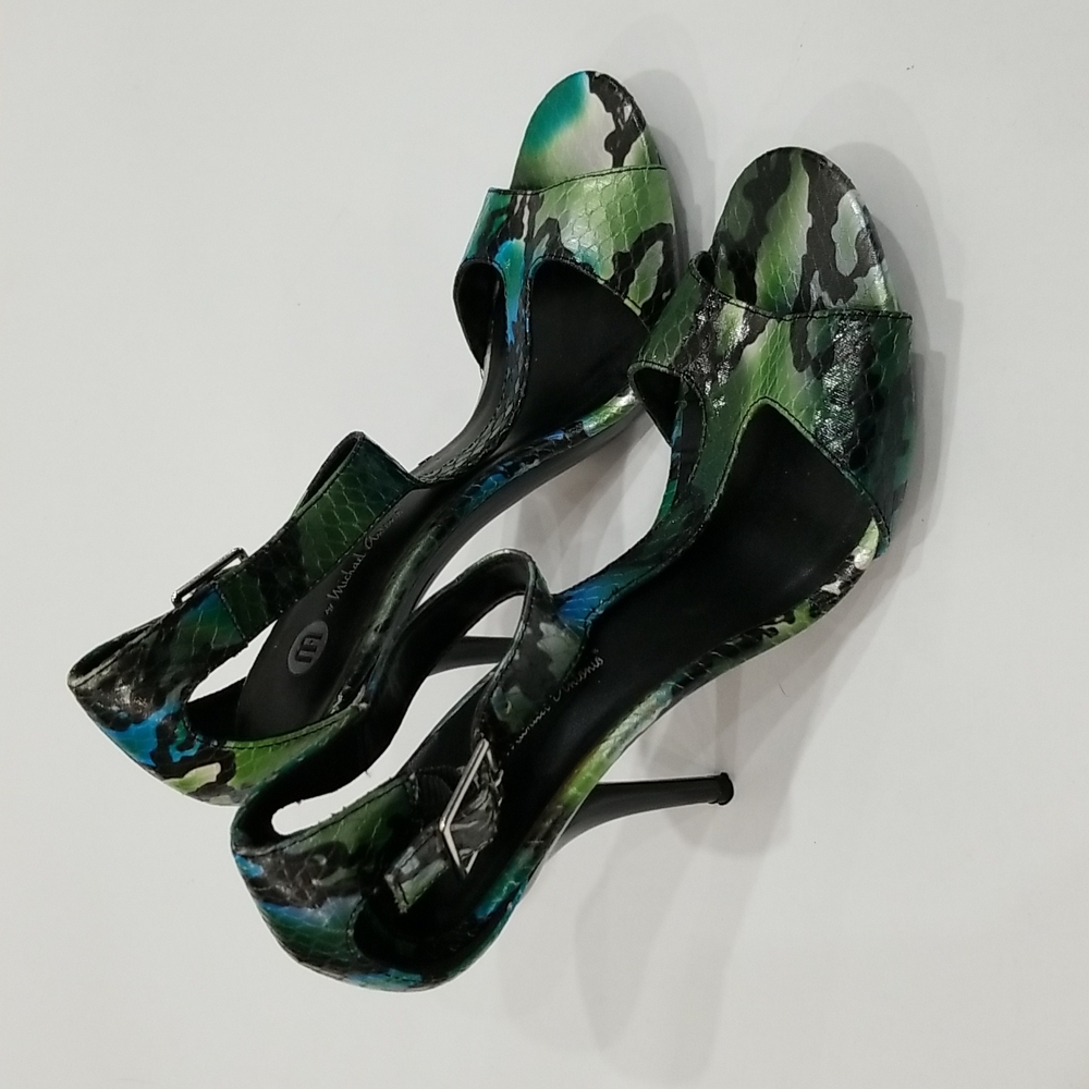 M by Michael Antonio Green Snake Skin Open Toe T-Strappy  Stilletto Heels
